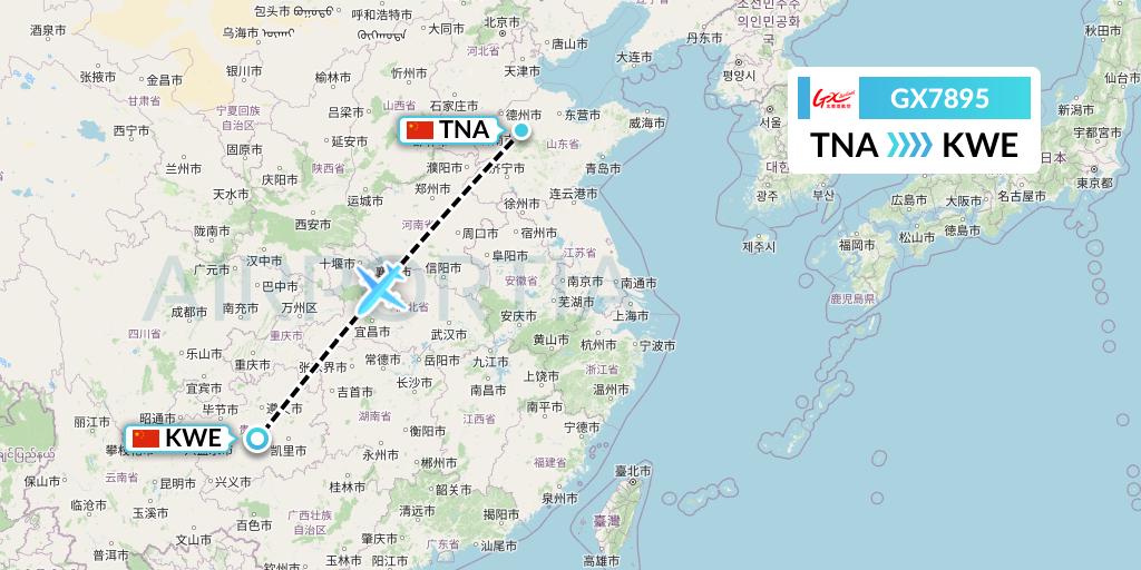 GX7895 GX Airlines Flight Map: Jinan to Guiyang