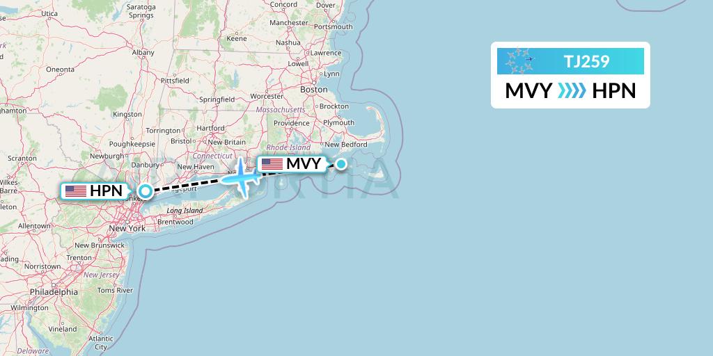 TJ259 Tradewind Aviation Flight Map: Martha's Vineyard to White Plains