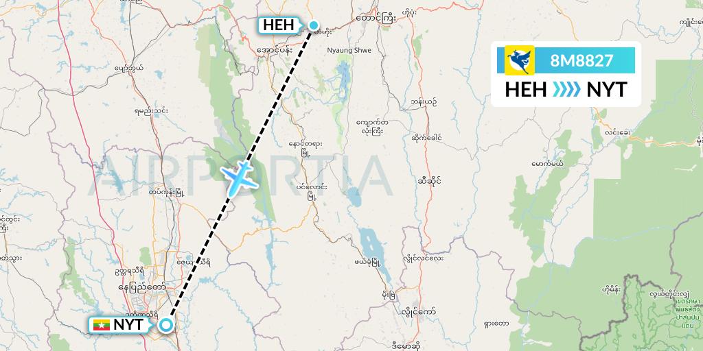 8M8827 Myanmar Airways International Flight Map: Heho to Naypyidaw 