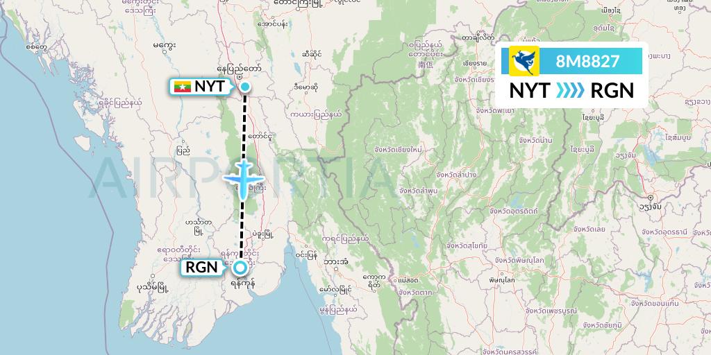 8M8827 Myanmar Airways International Flight Map: Naypyidaw to Yangon