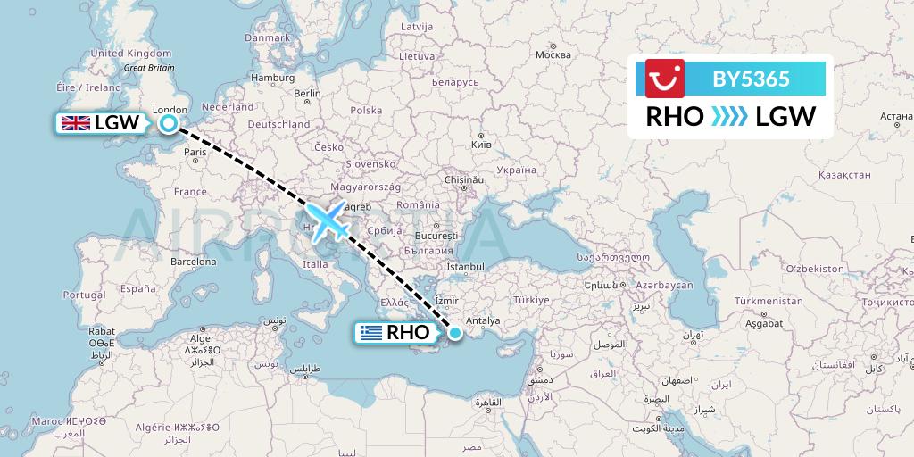 BY5365 TUI Airways Flight Map: Rhodes to London