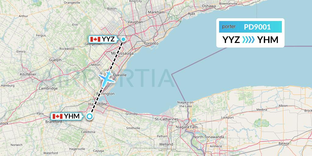 PD9001 Porter Airlines Flight Map: Toronto to Hamilton