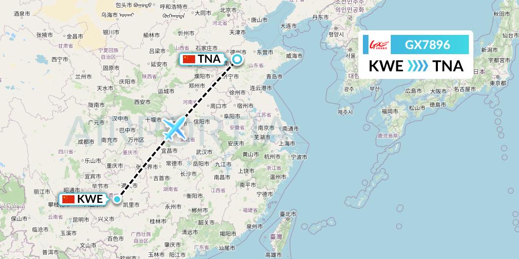 GX7896 GX Airlines Flight Map: Guiyang to Jinan