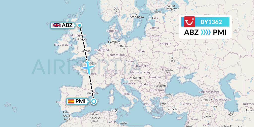 BY1362 TUI Airways Flight Map: Aberdeen to Palma de Mallorca