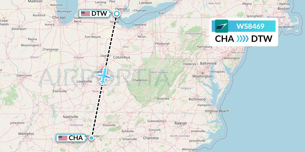 WS8469 WestJet Flight Map: Chattanooga to Detroit