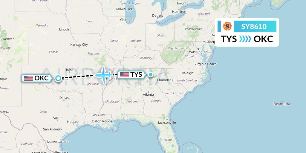 SY8610 Sun Country Airlines Flight Map: Knoxville to Oklahoma City