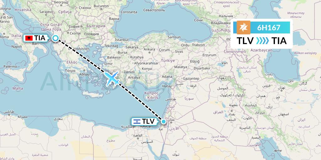 6H167 Israir Airlines Flight Map: Tel Aviv to Tirana