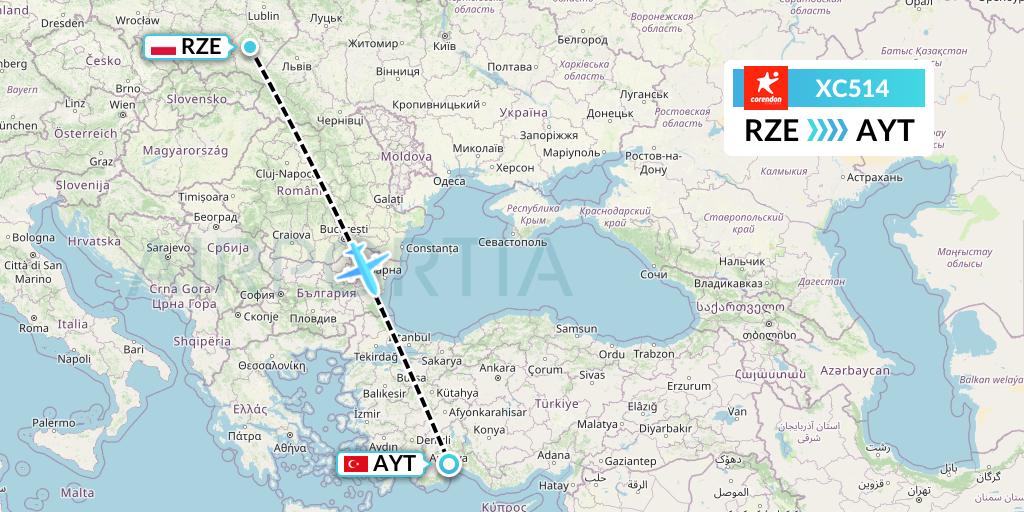 XC514 Corendon Airlines Flight Map: Rzeszow to Antalya