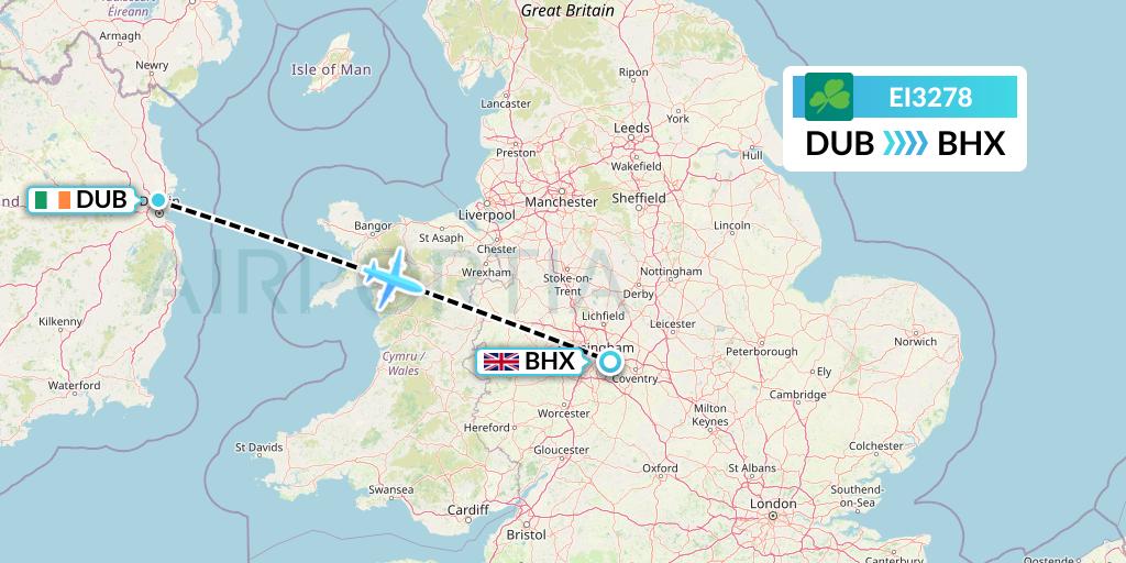 EI3278 Aer Lingus Flight Map: Dublin to Birmingham