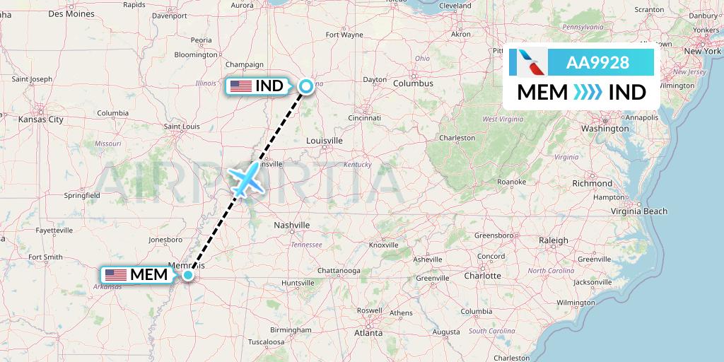 AA9928 American Airlines Flight Map: Memphis to Indianapolis