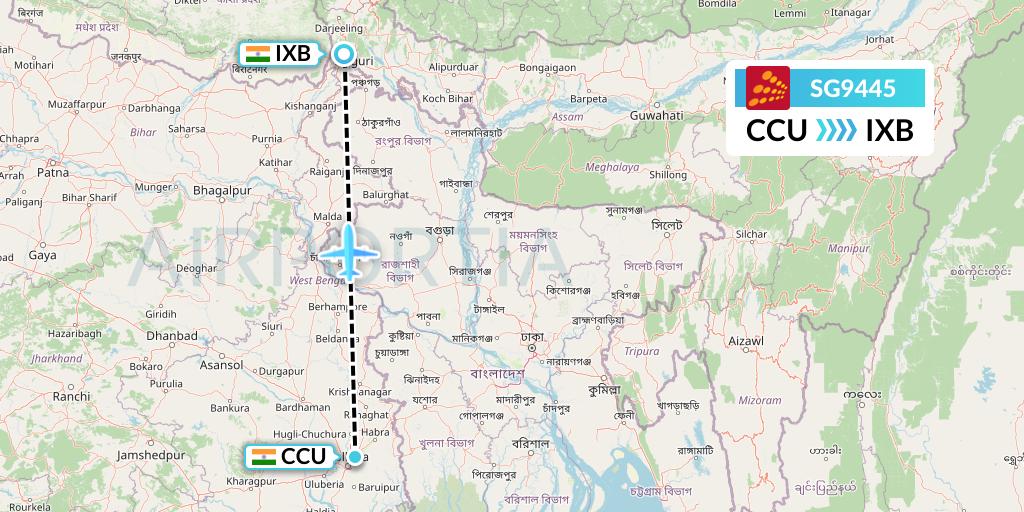 SG9445 SpiceJet Flight Map: Kolkata to Siliguri