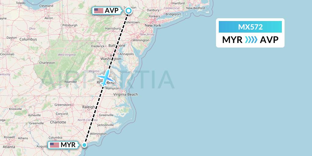 MX572 Breeze Airways Flight Map: Myrtle Beach to Avoca