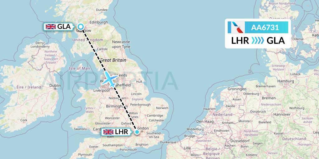AA6731 American Airlines Flight Map: London to Glasgow