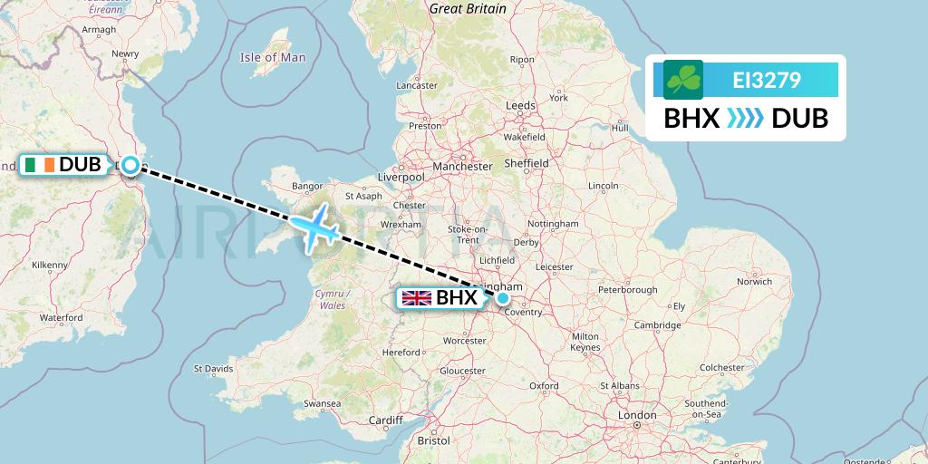 EI3279 Aer Lingus Flight Map: Birmingham to Dublin