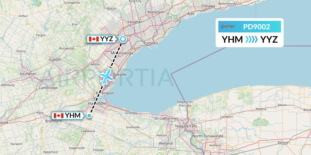 PD9002 Porter Airlines Flight Map: Hamilton to Toronto