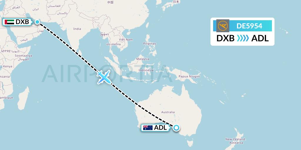 DE5954 Condor Flight Map: Dubai to Adelaide