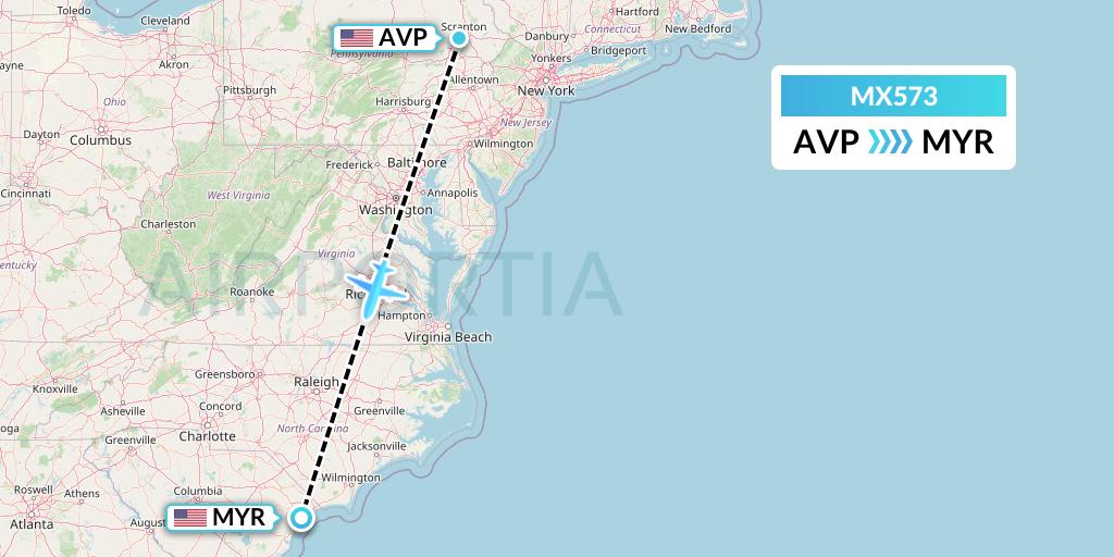 MX573 Breeze Airways Flight Map: Avoca to Myrtle Beach