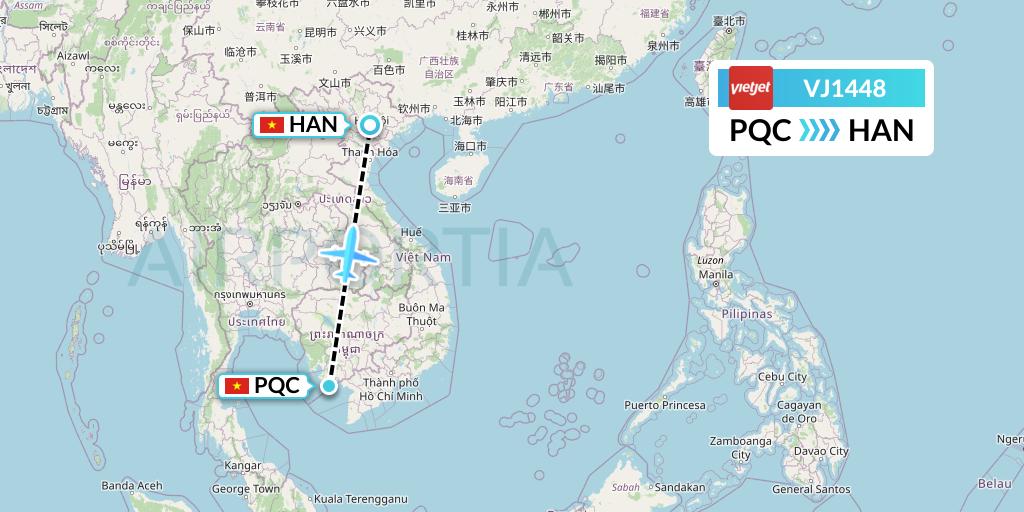 VJ1448 VietJet Air Flight Map: Phu Quoc to Hanoi