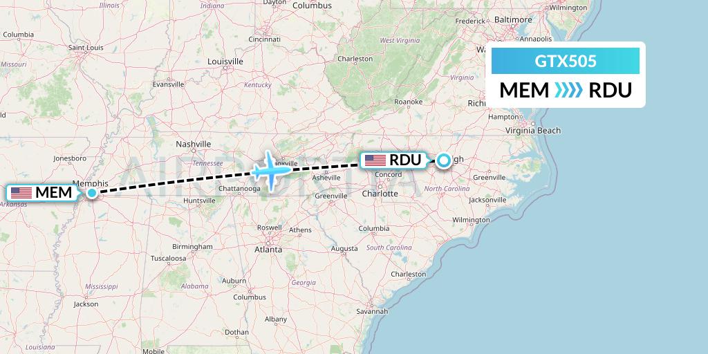 GTX505 GTA Air Flight Map: Memphis to Raleigh-Durham