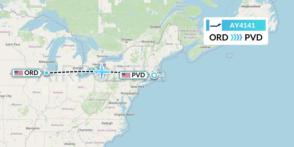 AY4141 Finnair Flight Map: Chicago to Providence