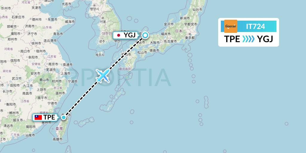 IT724 Tigerair Taiwan Flight Map: Taipei to Yonago