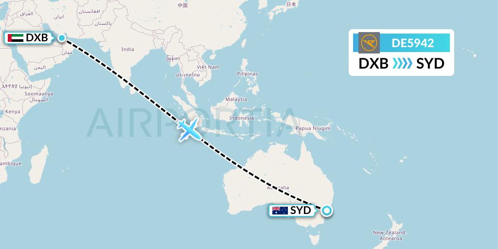 DE5942 Condor Flight Map: Dubai to Sydney