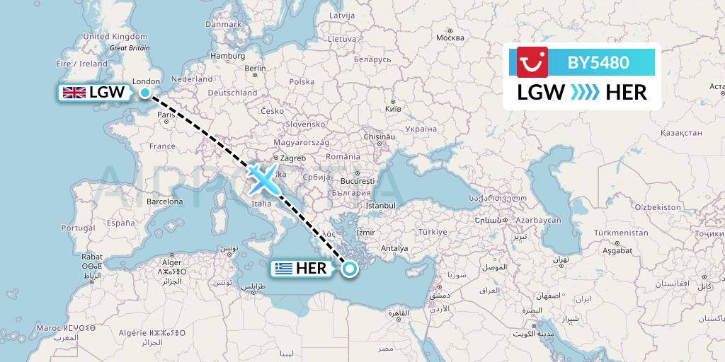 BY5480 TUI Airways Flight Map: London to Heraklion