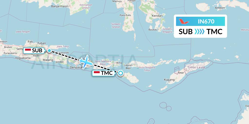 IN670 NAM Air Flight Map: Surabaya to Tambolaka