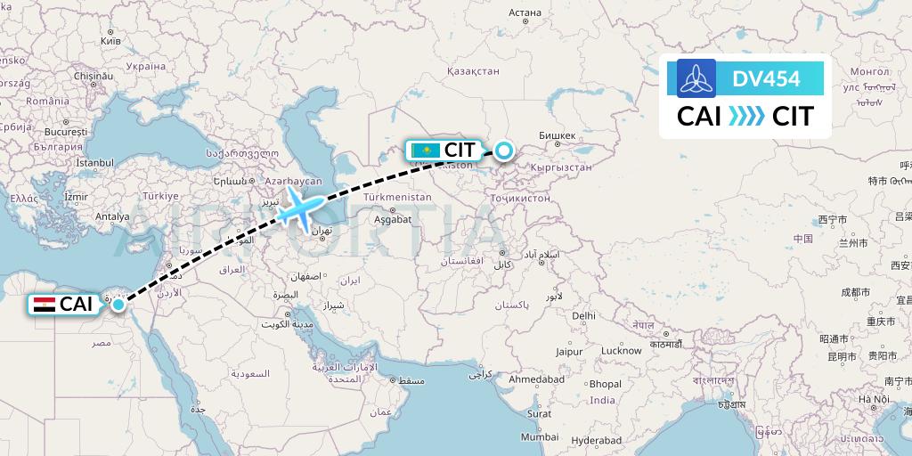DV454 SCAT Flight Map: Cairo to Shymkent