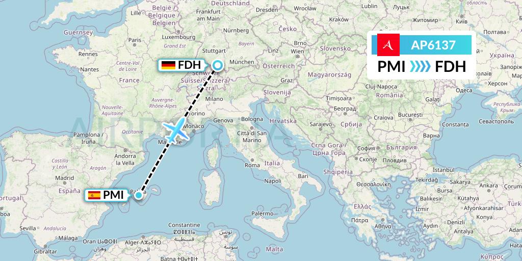 AP6137 AlbaStar Flight Map: Palma de Mallorca to Friedrichshafen