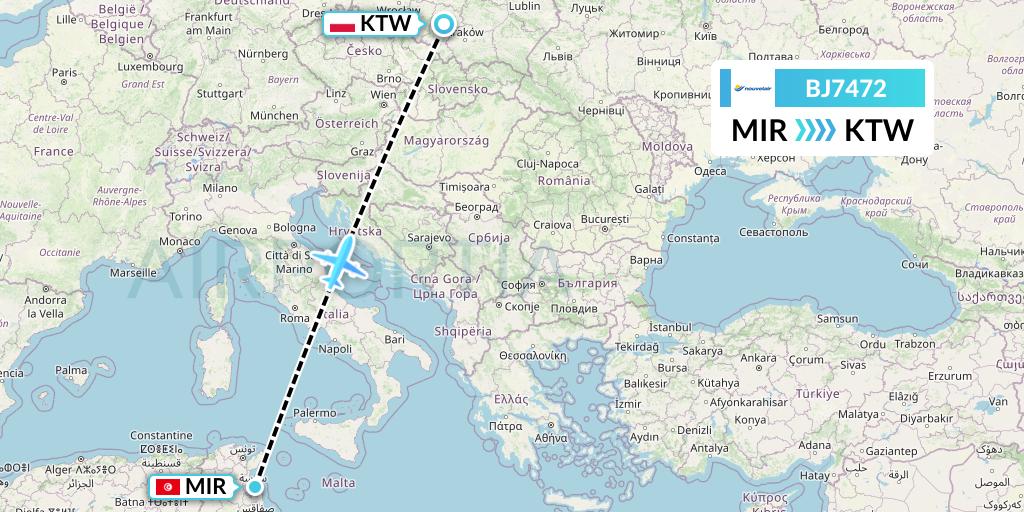 BJ7472 Nouvelair Tunisie Flight Map: Monastir to Katowice