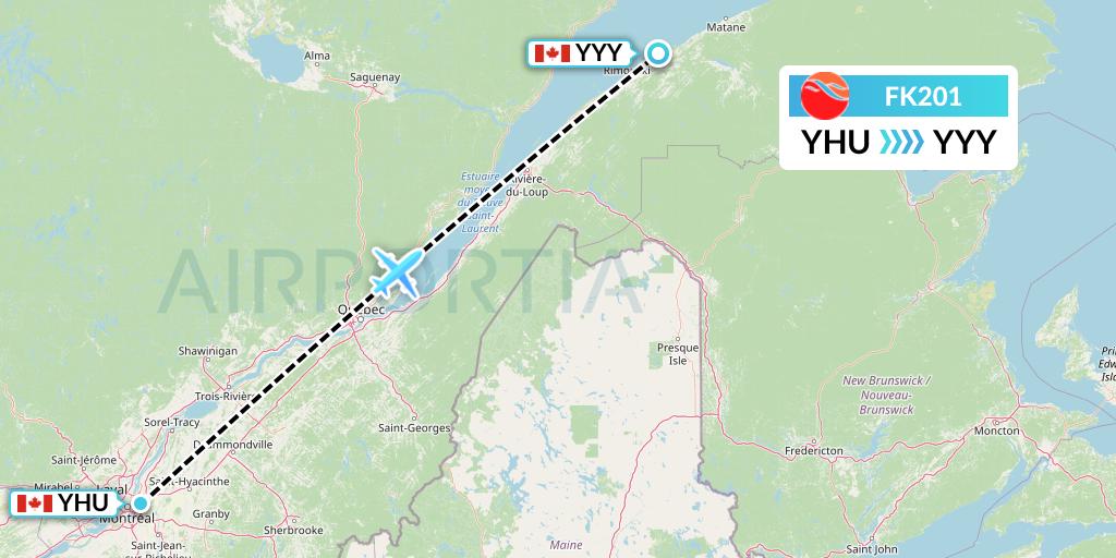 FK201 Kelowna Flightcraft Air Flight Map: Montreal to Mont-Joli