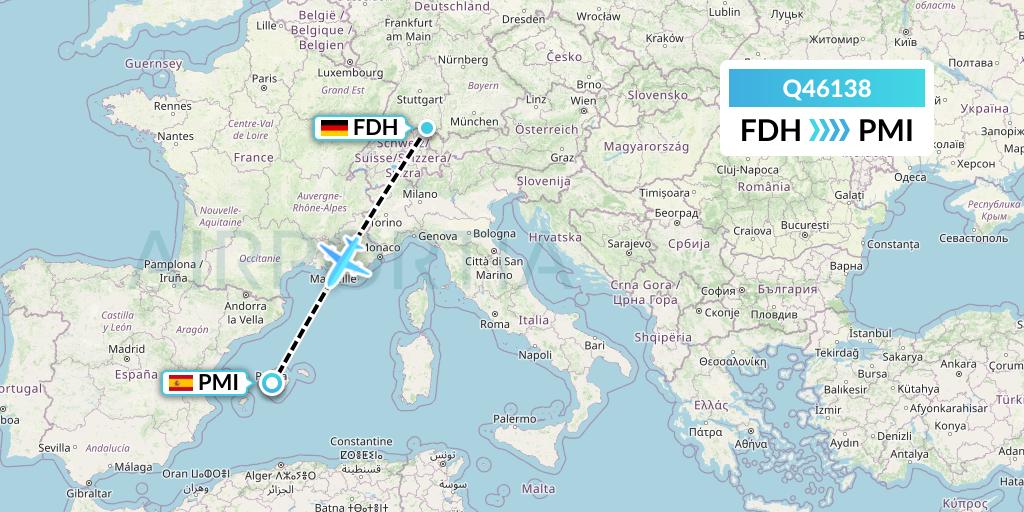 Q46138 Euroairlines Flight Map: Friedrichshafen to Palma de Mallorca