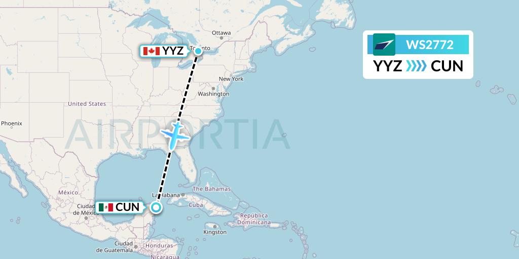 WS2772 WestJet Flight Map: Toronto to Cancun