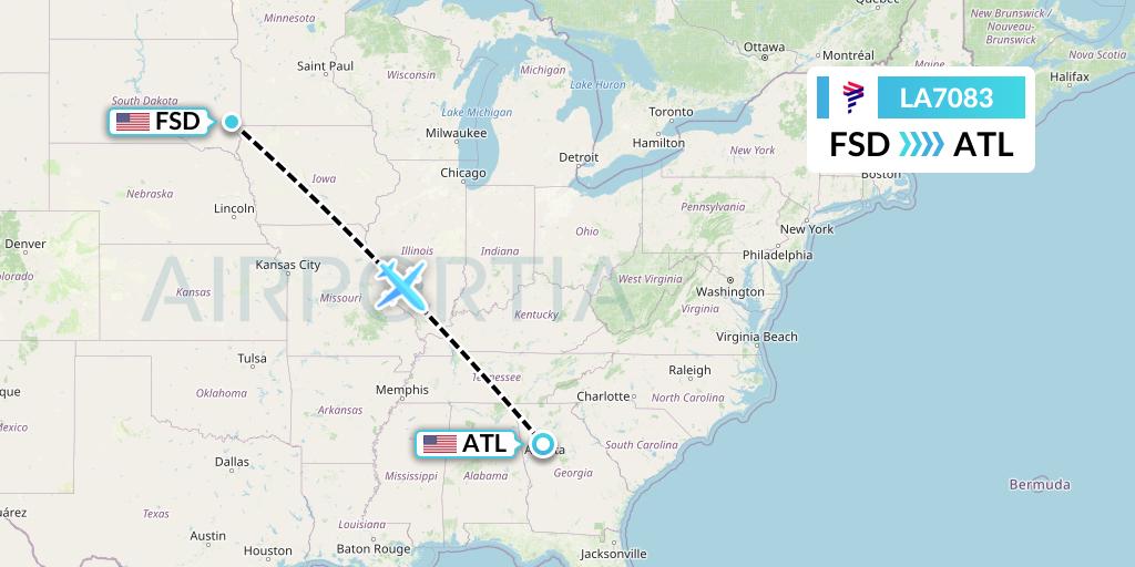 LA7083 LAN Airlines Flight Map: Sioux Falls to Atlanta