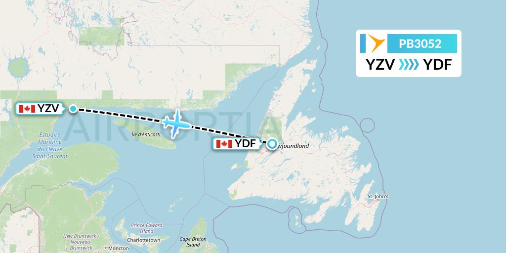 PB3052 PAL Airlines Flight Map: Sept-Iles to Deer Lake