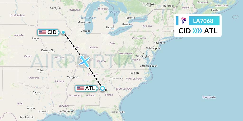LA7068 LAN Airlines Flight Map: Cedar Rapids to Atlanta