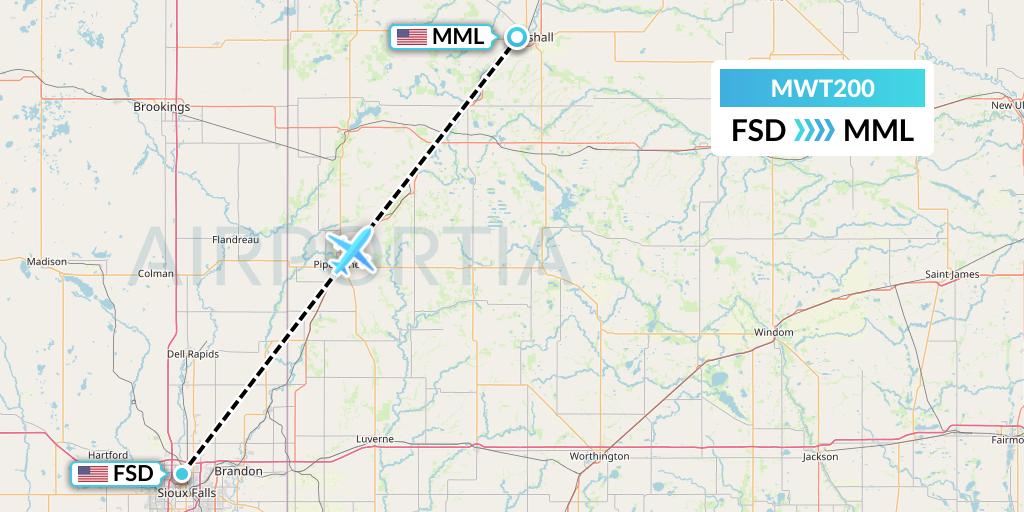 MWT200 Midwest Aviation Division Flight Map: Sioux Falls to Marshall
