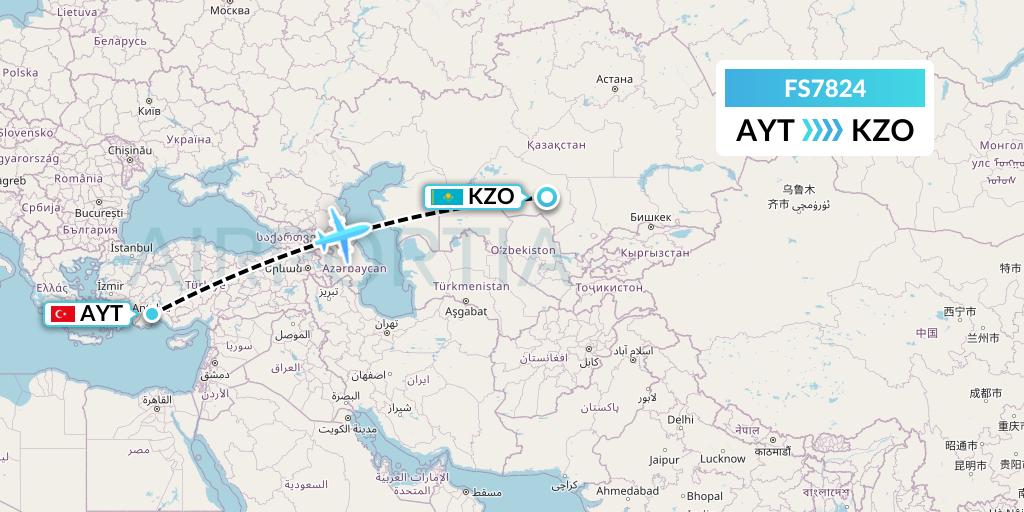 FS7824 Flyr Flight Map: Antalya to Kyzylorda