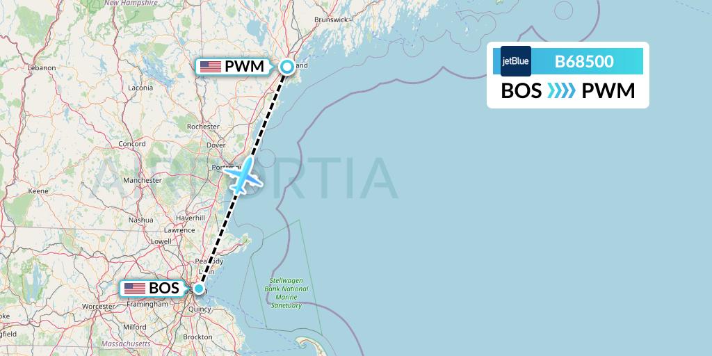 B68500 JetBlue Airways Flight Map: Boston to Portland