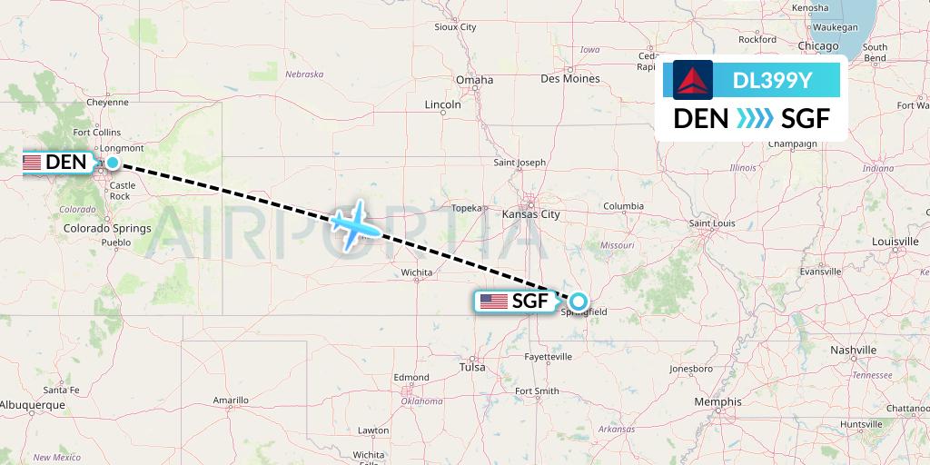 DL399Y Delta Air Lines Flight Map: Denver to Springfield