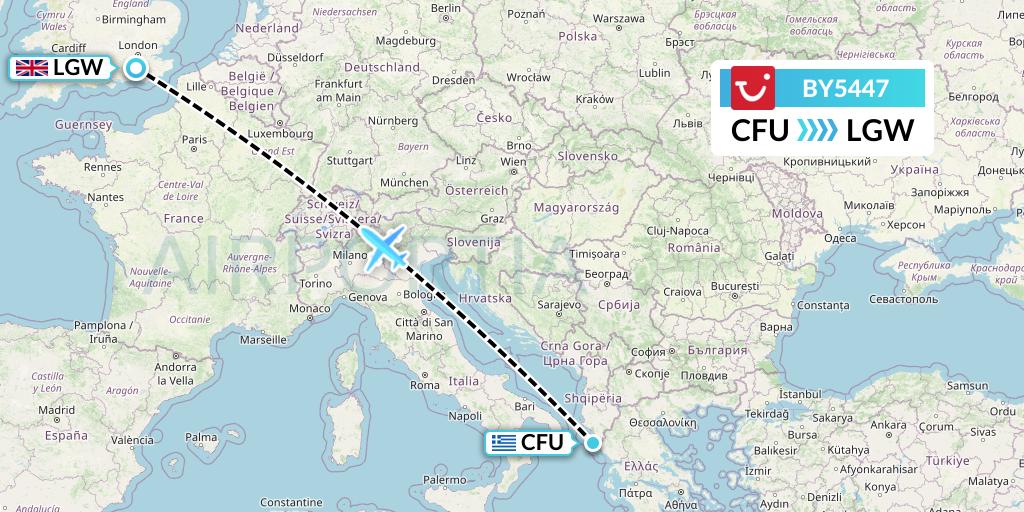 BY5447 TUI Airways Flight Map: Corfu to London