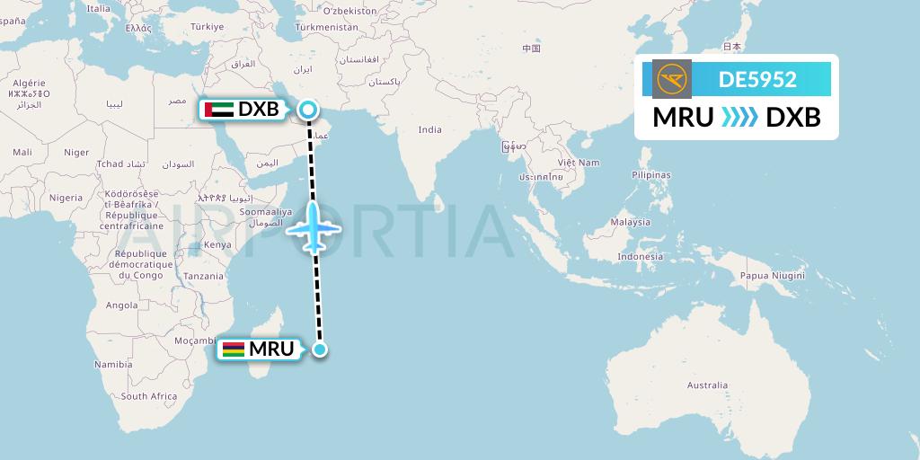 DE5952 Condor Flight Map: Port Louis to Dubai