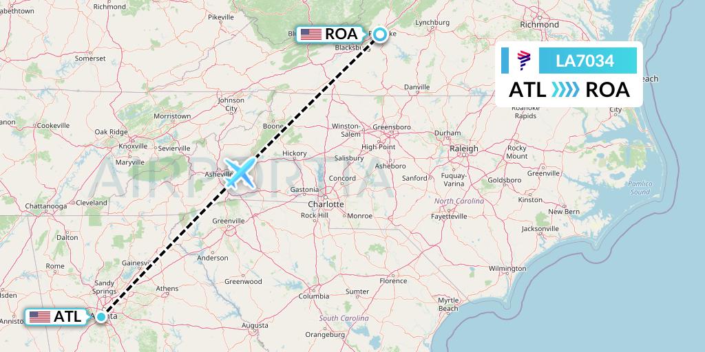 LA7034 LAN Airlines Flight Map: Atlanta to Roanoke