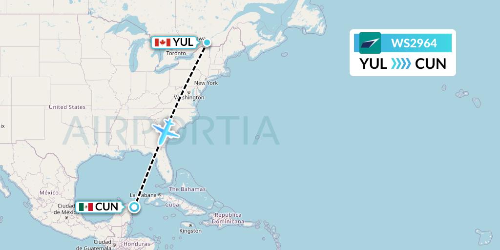 WS2964 WestJet Flight Map: Montreal to Cancun