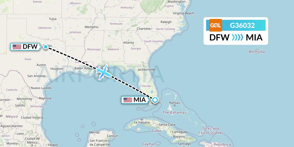 G36032 GOL Transportes Aeros Flight Map: Dallas to Miami