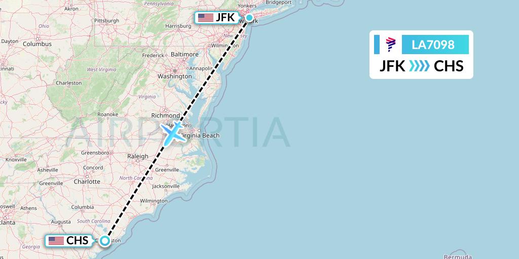 LA7098 LAN Airlines Flight Map: New York to Charleston