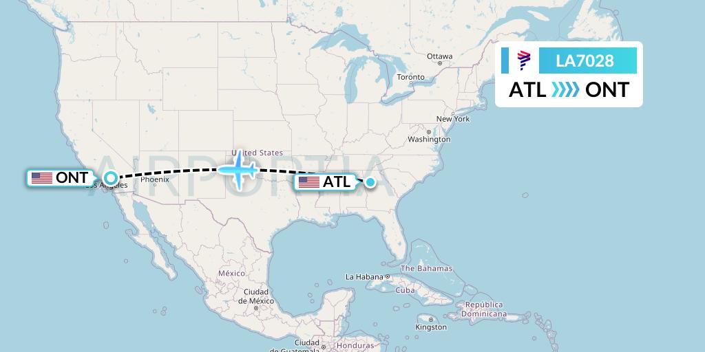 LA7028 LAN Airlines Flight Map: Atlanta to Ontario