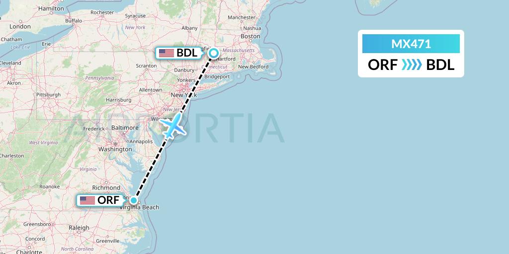 MX471 Breeze Airways Flight Map: Norfolk to Windsor Locks