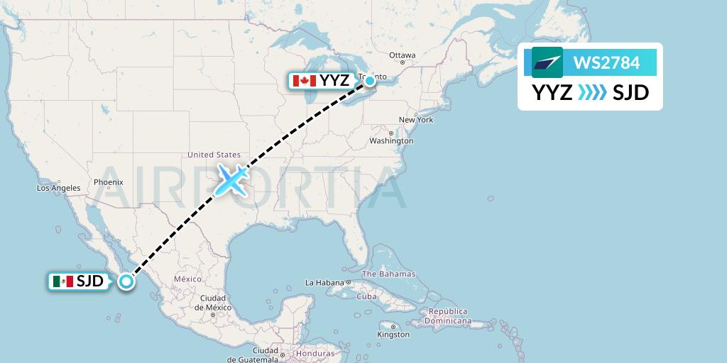 WS2784 WestJet Flight Map: Toronto to San Jose del Cabo